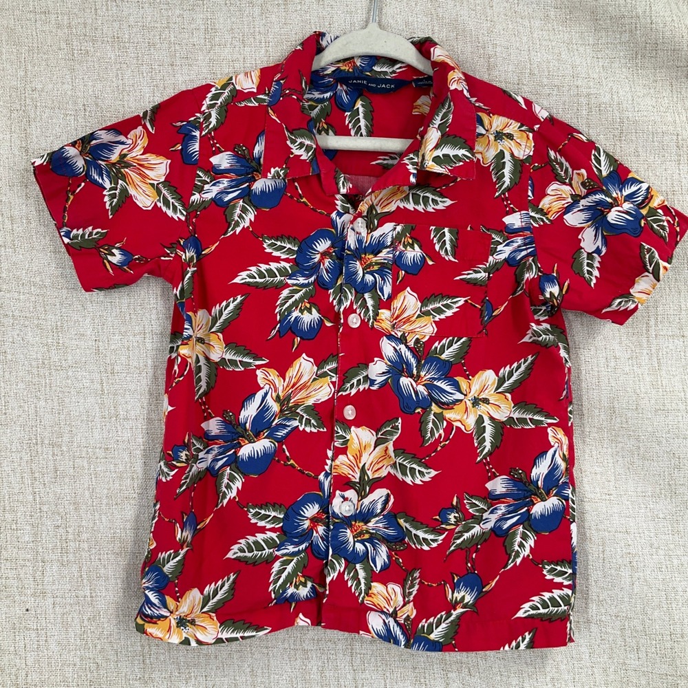 Janie and Jack Button Down Shirt Kids‎ 3 Red Cotton Floral Tropical Hawaiian